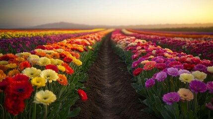 Obraz premium Colorful Gerbera Daisies in a Field at Sunset