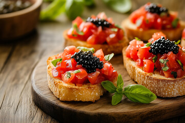 Delicious bruschetta topped with fresh tomatoes and caviar served on a rustic wooden board. Generative AI