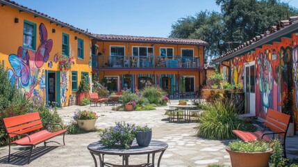 A colorful courtyard with a patio and an orange bench