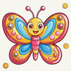 Colorful cartoon butterfly illustration in vibrant colors with a playful expression perfect for children's artwork and educational materials
