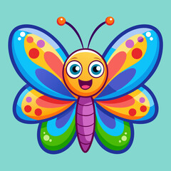 Colorful cartoon butterfly illustration in vibrant colors with a playful expression perfect for children's artwork and educational materials