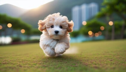 Maltipoo puppy running in grassy field