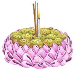 Watercolor painting of krathong. Loy krathong festival illustration element.