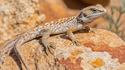 Naklejka premium A desert lizard sunbathing on a rock