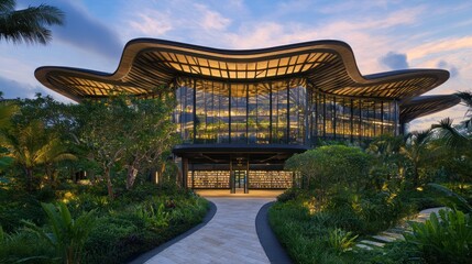 Obraz premium Modern Library Building with Curved Roof and Surrounding Lush Greenery