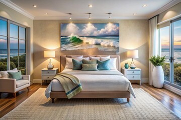 Chic Bedroom Design with Wave Art - Cozy Coastal Aesthetic for Home Decor