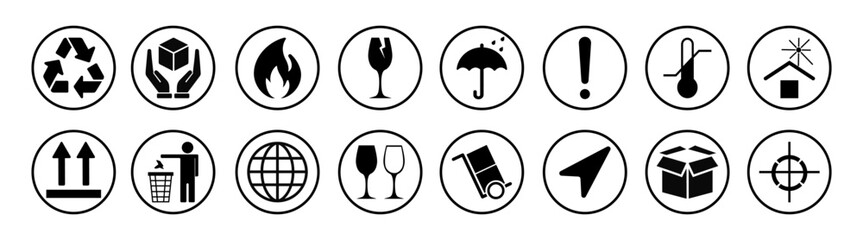 Packaging sign icons. Fragile handle with care sticker and poster for delivery service