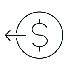 Dollar coin with left arrow. Line icon for web, website or mobile app. Finance, money transfer, cryptocurrency, trade, currency exchange, stock market concept. Editable vector stroke. Pixel Perfect.