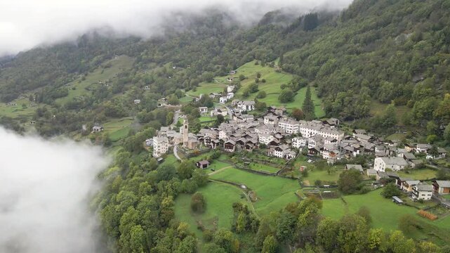 Aerial view of the beautiful village of Soglio in Upper Engadine, Grisons, Switzerland.
