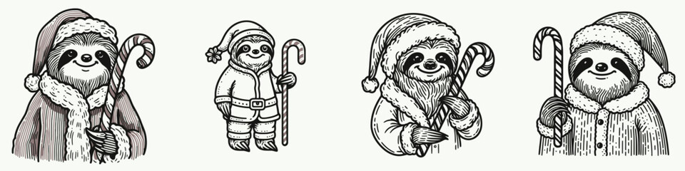 Fototapeta premium Sloths in Santa Costumes with Candy Canes