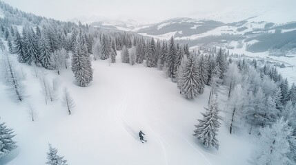 Aerial view of a lone skier gliding through a snowy forest landscape on a winter day, with snow-covered trees and distant mountain hills.