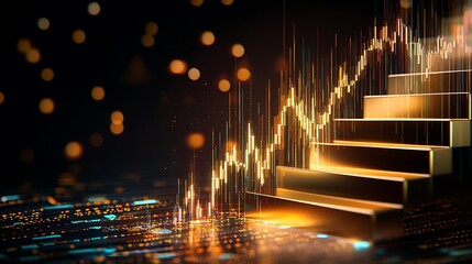 Abstract image depicting a golden staircase representing financial growth, market trends, and investment opportunities with vibrant data visuals.