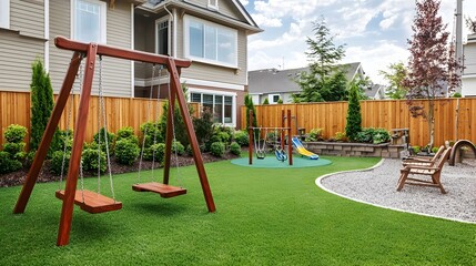 Obraz premium Charming suburban home with a spacious backyard and a wooden swing set offering a peaceful and inviting outdoor space for family recreation and leisure