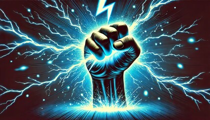 clenched fist gripping a bolt of lightning, radiating blue electric energy across a dark background
