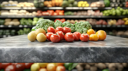 Fresh Produce on a Marble Countertop with a Grocery Store Background