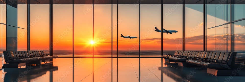 Poster airplanes taking off at sunset from a bustling airport terminal, creating a captivating scene of tra