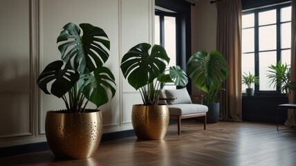 Three potted plants in a modern living room interior with large windows and wooden floor.
