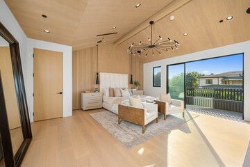 Modern bedroom interior with wooden accents and large windows.