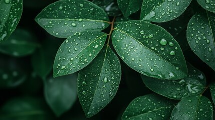 Obraz premium Close-up of Green Leaves Covered in Water Droplets