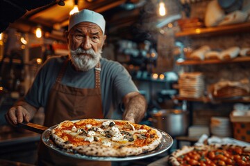 A skilled baker pulls out a delicious pizza from a wood-fired oven, showcasing melted cheese and toppings. The warm glow of the oven adds a cozy ambiance to the bustling pizzeria