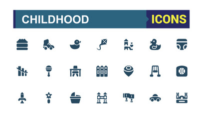 Childhood solid icons Set. Related to Children Activities anb Diverse Play and Learning Symbols, Toys, Books, Science, Coding and more. Editable filled icon collection. Pixel perfect flat symbol pack.