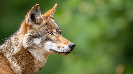 Fototapeta premium Closeup of a wolf s focused expression, ears perked and eyes narrowing as it watches prey from a distance in the forest