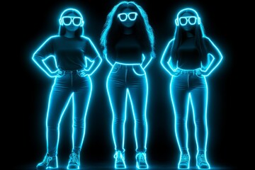 Neon silhouettes of three women in various poses symbolizing fashion individuality and self expression in a vibrant tech driven digital world