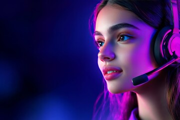 Close up of a young woman wearing neon headphones with vibrant lighting portraying futuristic tech support and customer service in a modern digital environment