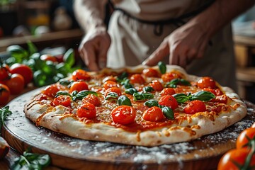 A man and woman are joyfully preparing a pizza in their warm kitchen