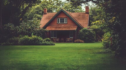 Fototapeta premium Photograph of a charming suburban home with a spacious lush green yard and an inviting outdoor seating area perfect for relaxation and leisure
