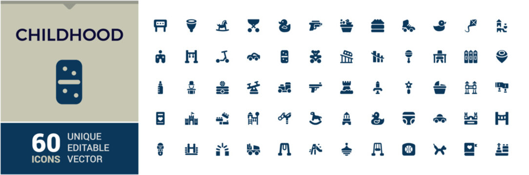 Childhood solid icons Set. Related to Children Activities anb Diverse Play and Learning Symbols, Toys, Books, Science, Coding and more. Editable filled icon collection. Pixel perfect flat symbol pack.