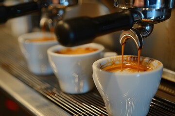 A hand skillfully pulls a shot of espresso from a high-end machine, with rich coffee flowing into a glass cup. The cafe buzzes with energy as patrons enjoy their beverages