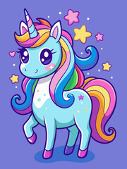 Colorful cartoon unicorn with a rainbow mane and sparkling stars
