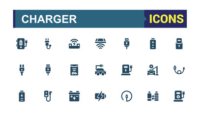 Set of solid icons style for Charger. Containing wireless charging, electric car, lighting, electric socket, electricity and more. Glyph filled icon collection. Editable symbol pack. Pixel perfect.