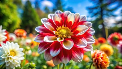 Obraz premium Low angle view of white, red, and yellow flowers in a garden during spring season