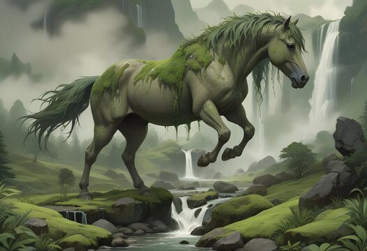 A large moss covered horse tanding on a rocky cliff