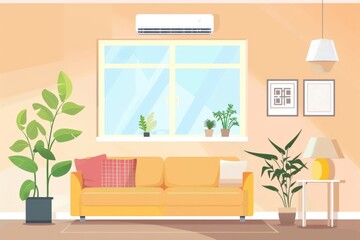 Living Room Interior with Yellow Sofa, Window, and Plants