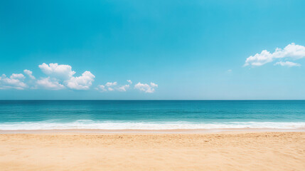 Obraz premium Serene Coastal Escape, tranquil shoreline meets an endless azure sky, inviting relaxation and daydreaming, perfect for vacation inspiration and peaceful retreats.