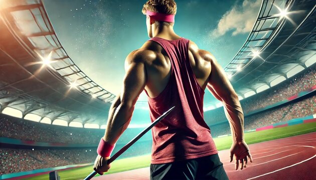 Athlete Preparing for Javelin Throw in a Stadium: A Rear View of Determination and Strength
