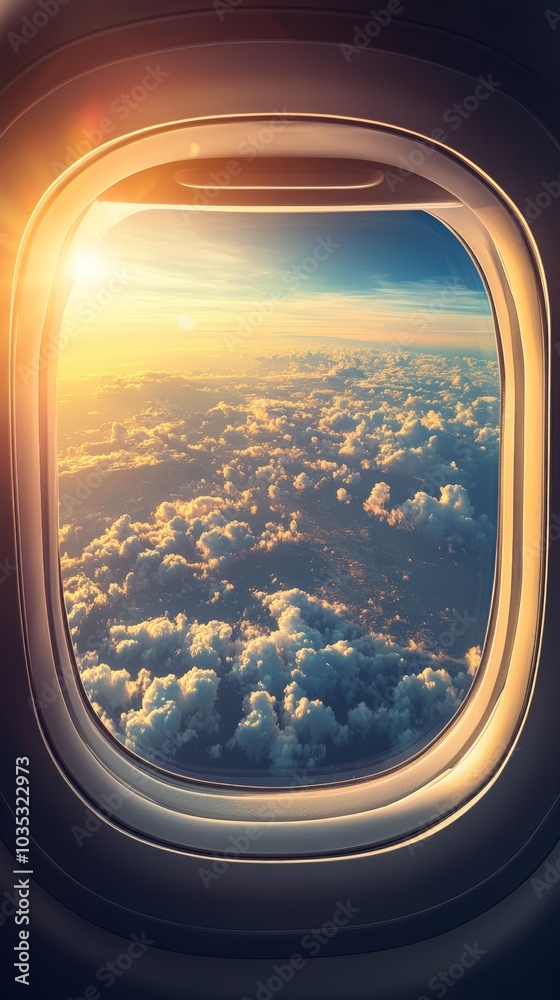Poster The sun is shining through the airplane window, illuminating the clouds below with golden light, creating a breathtaking view for passengers