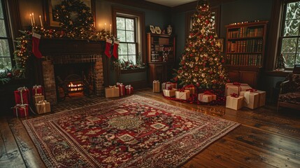 Fototapeta premium Cozy winter evening in a warmly lit room adorned with a beautifully decorated Christmas tree and gifts. Generative AI