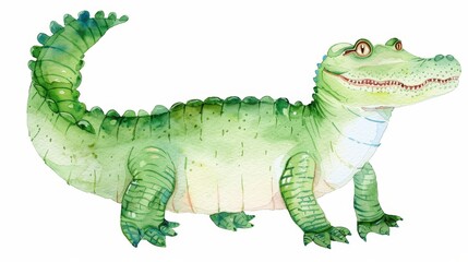 Fototapeta premium Cheerful Crocodile Clipart, vibrant colors, gentle smile, isolated on white background, ideal for children's clothing designs, ample space for text, playful and engaging.