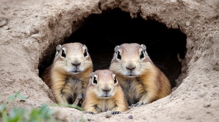 Prairie dog family in their burrow.