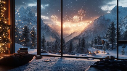 Cozy Mountain Cabin with Large Windows Welcoming the New Year