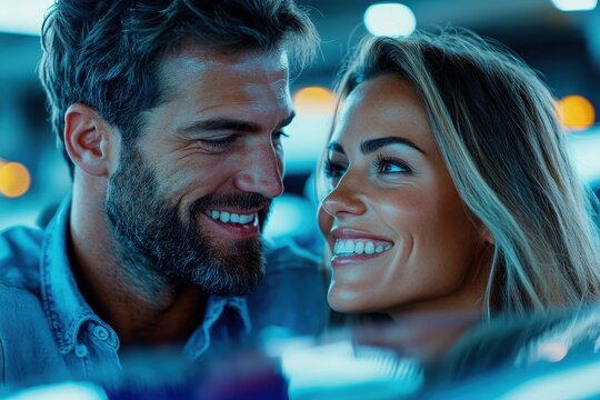 Captured indoors, this image shows a smiling couple gazing at each other with affection and warmth, highlighting love, connection, and the joy of companionship.