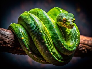 Close-Up Night Photography of a Green Python on a Tree Branch Isolated with Transparent Background
