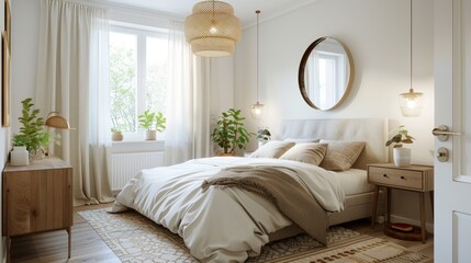 A bright Scandinavian bedroom with a double bed, a simple headboard
