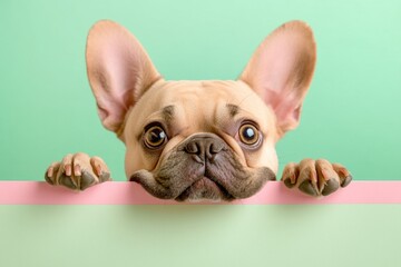 An adorable French Bulldog peeking over the edge.