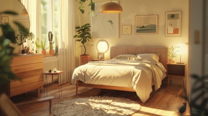 Fototapeta premium A bright Scandinavian bedroom with a double bed, headboard
