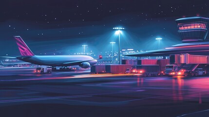 international airport cargo area at night, planes and ground vehicles moving, light trails, illustration, logistics